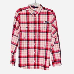 Columbia Super Bahama coral white pink peach plaid PFG performance Shirt top